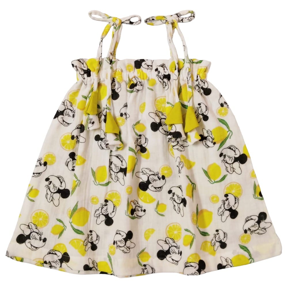 Snowflakes Girls Tying Style Frock With Micky Mouse Prints - White
