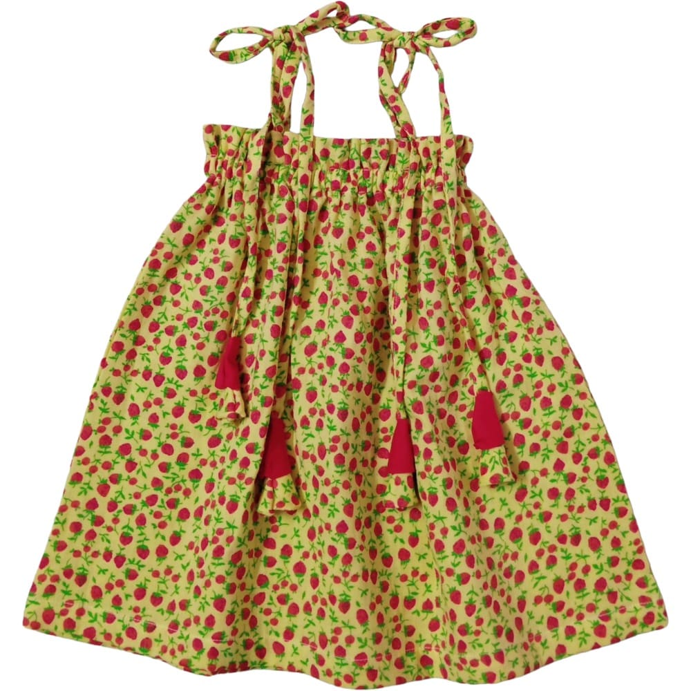 Snowflakes Girls Tying Style Frock With Cherry Prints - Yellow