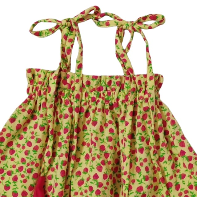Snowflakes Girls Tying Style Frock With Cherry Prints - Yellow