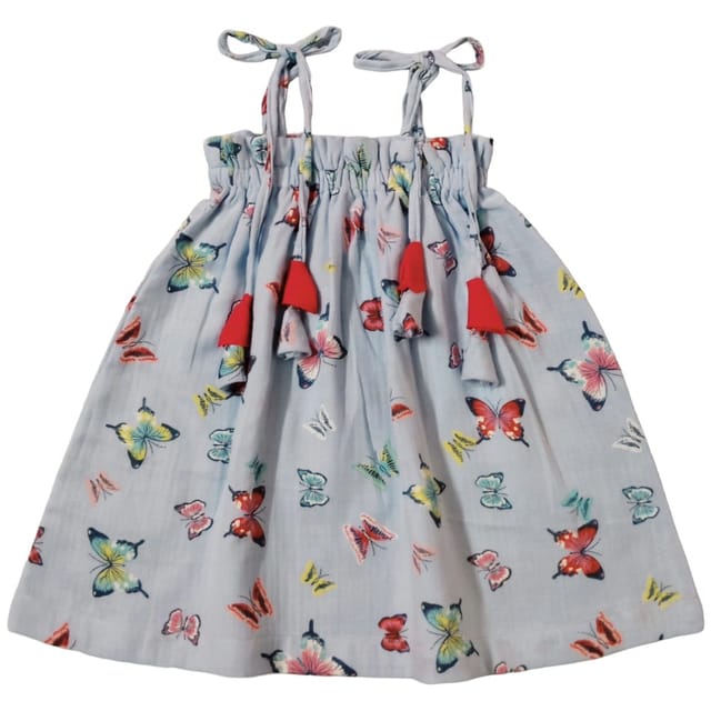 Snowflakes Girls Tying Style Frock With Butterfly Prints - Sky Blue