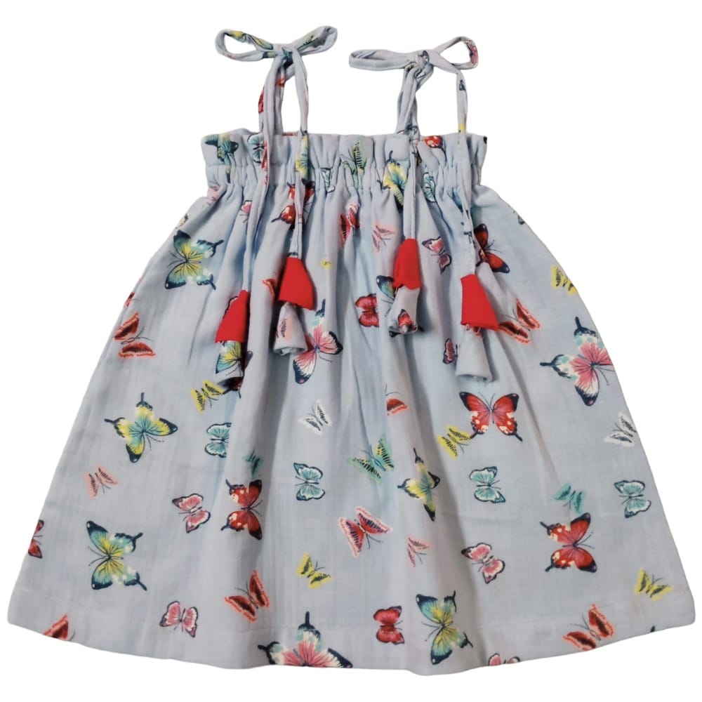 Snowflakes Girls Tying Style Frock With Butterfly Prints - Sky Blue