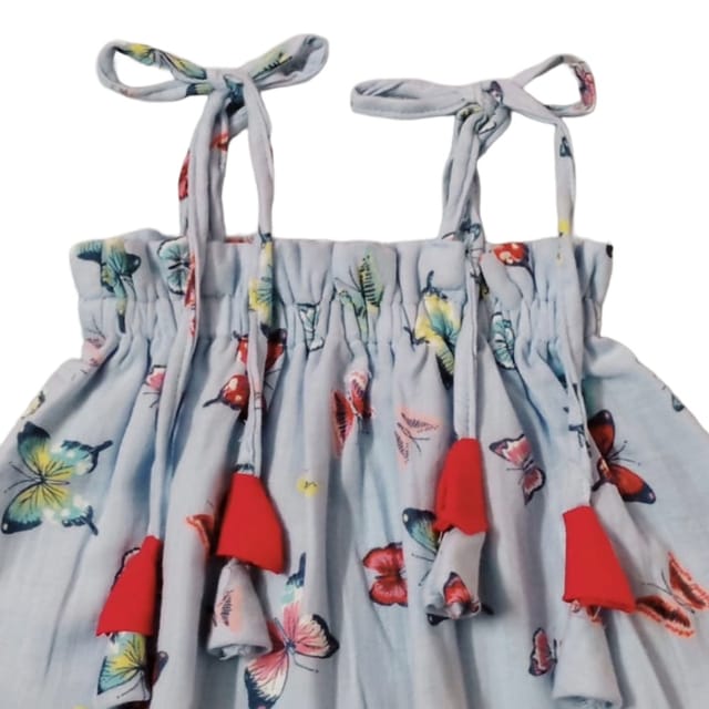Snowflakes Girls Tying Style Frock With Butterfly Prints - Sky Blue