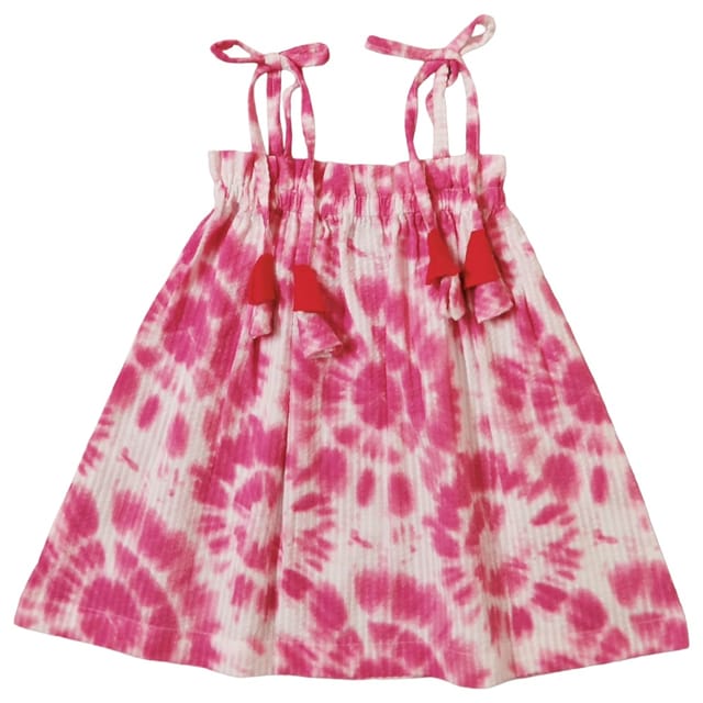 Snowflakes Girls Tying Style Frock With Pink Circle Prints - White