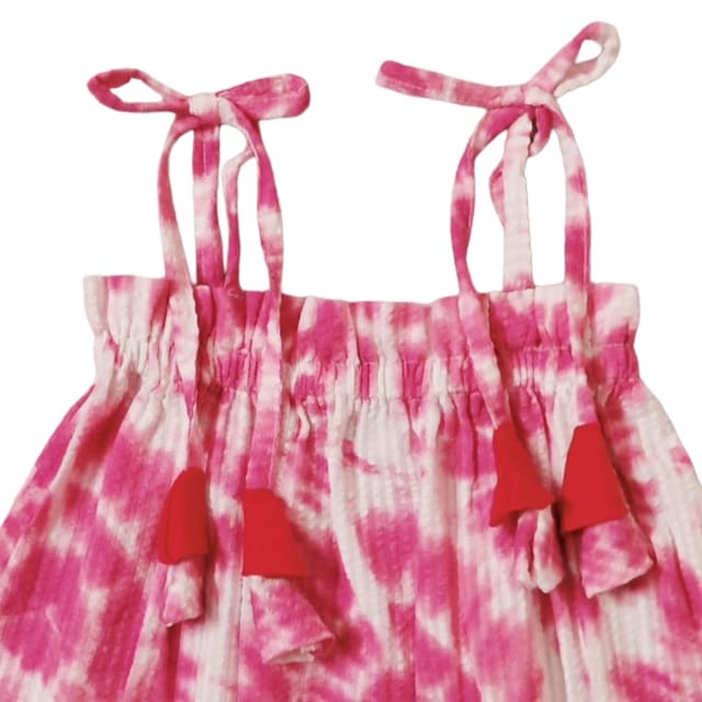 Snowflakes Girls Tying Style Frock With Pink Circle Prints - White