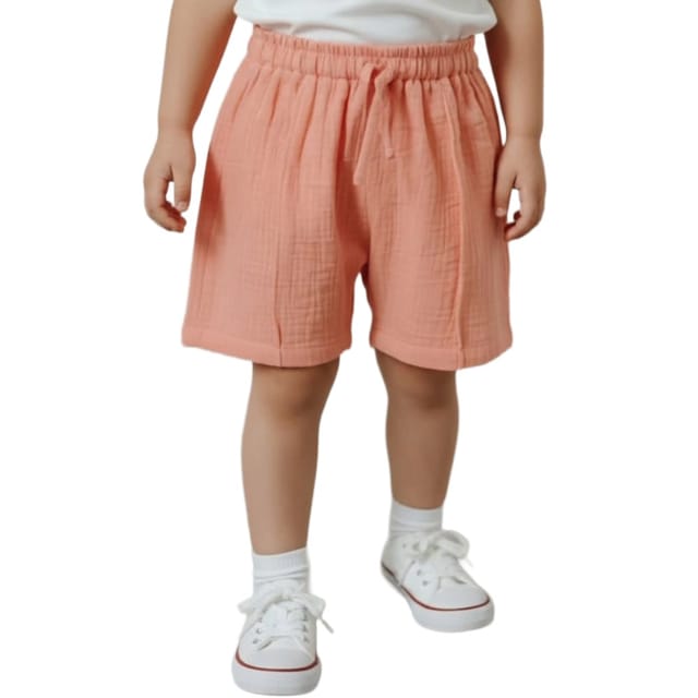 Snowflakes Boys Solid Cotton Shorts - Peach