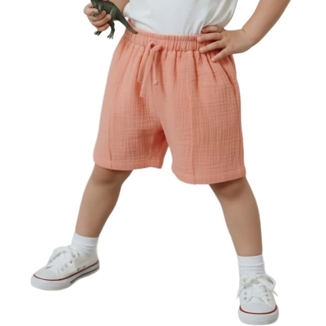 Snowflakes Boys Solid Cotton Shorts - Peach