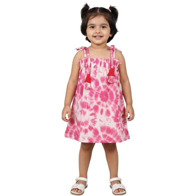 Snowflakes Girls Tying Style Frock With Pink Circle Prints - White