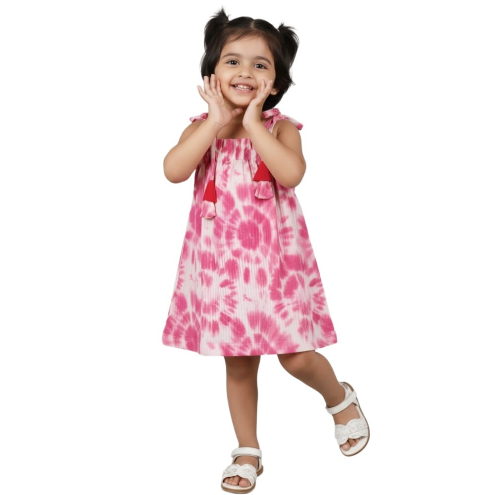 Snowflakes Girls Tying Style Frock With Pink Circle Prints - White