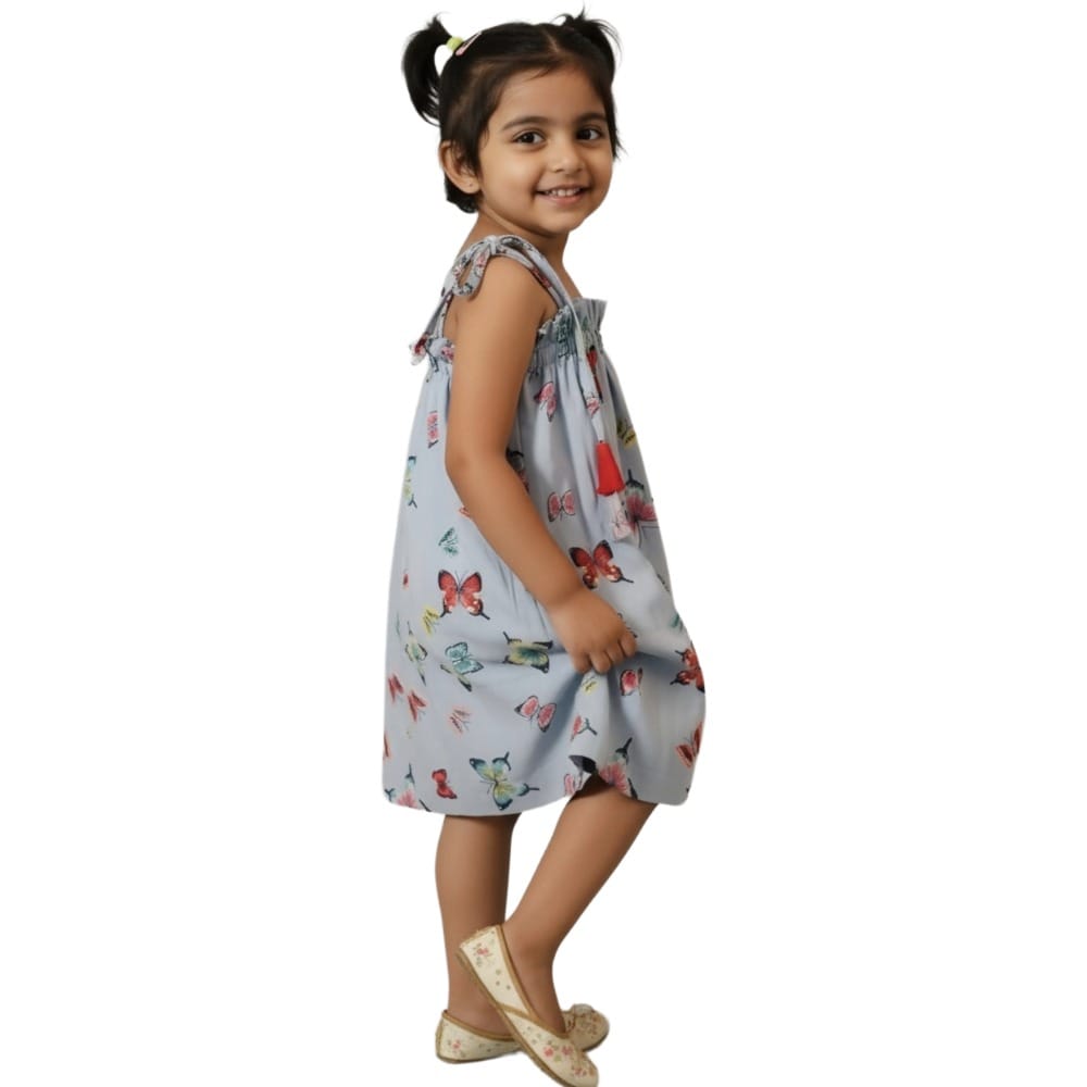 Snowflakes Girls Tying Style Frock With Butterfly Prints - Sky Blue