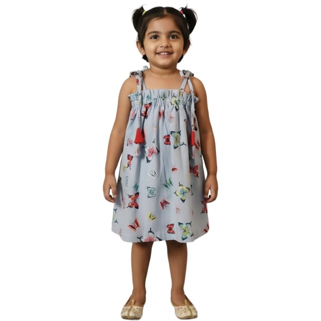 Snowflakes Girls Tying Style Frock With Butterfly Prints - Sky Blue