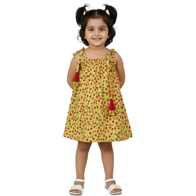 Snowflakes Girls Tying Style Frock With Cherry Prints - Yellow