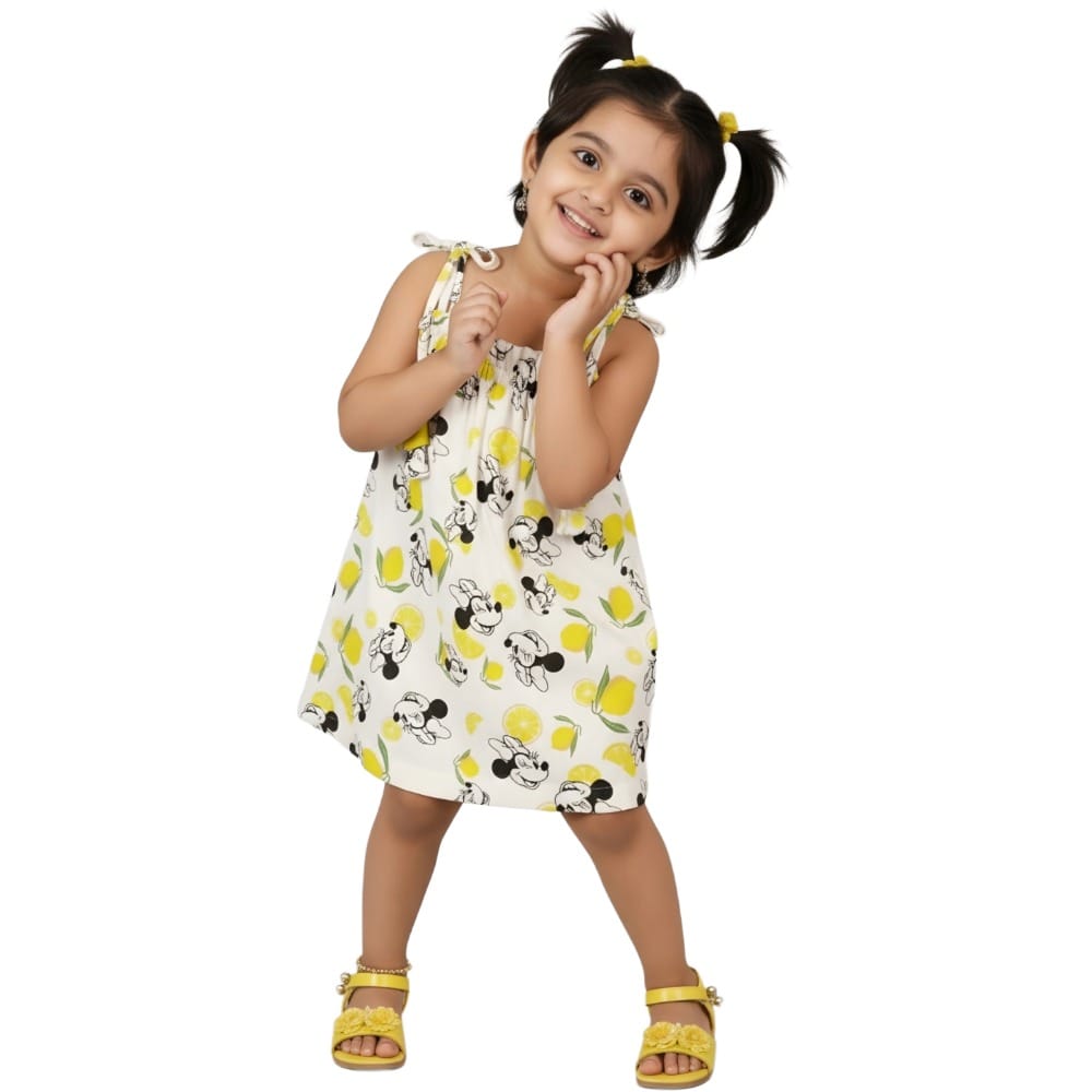 Snowflakes Girls Tying Style Frock With Micky Mouse Prints - White