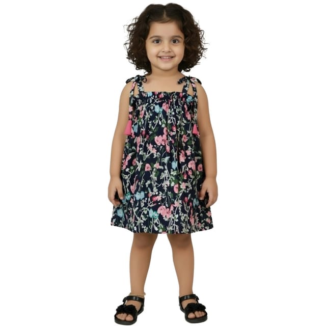 Snowflakes Girls Tying Style Frock With Flower Prints - Dark Blue