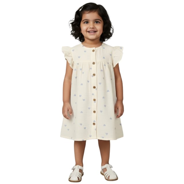 Snowflakes Girls Dress With Heart Prints - White