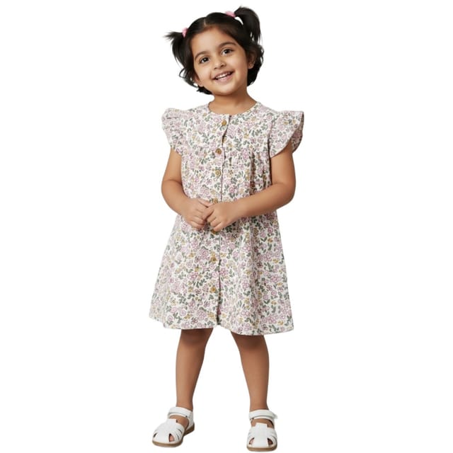 Snowflakes Girls Dress With Flower Prints - White