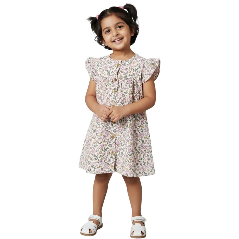 Snowflakes Girls Dress With Flower Prints - White