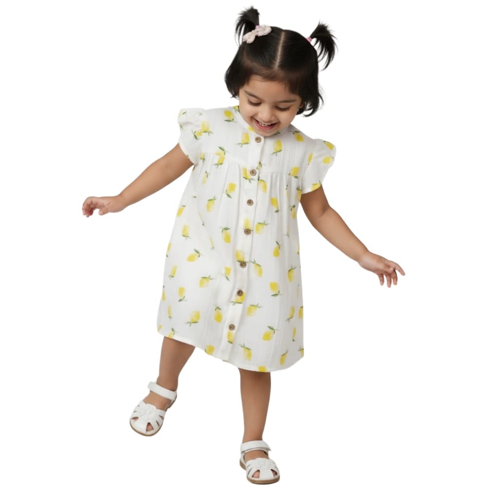 Snowflakes Girls Dress With Lemon Prints - White