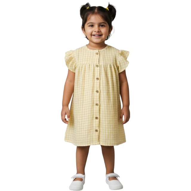 Snowflakes Girls Dress With Checks Print - Yellow