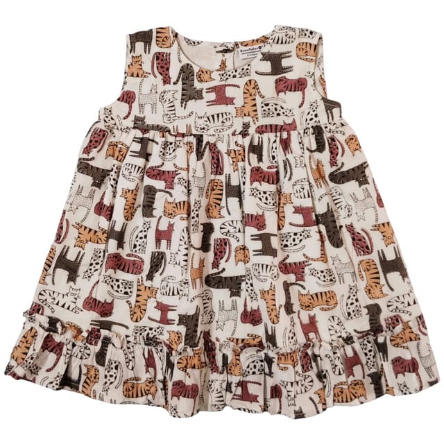 Snowflakes Girls Sleeveless Frock With Cat Print - White Snowflakes Girls Sleeveless Frock With Cat Print - White