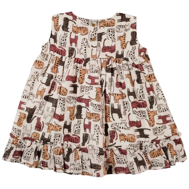 Snowflakes Girls Sleeveless Frock With Cat Print - White Snowflakes Girls Sleeveless Frock With Cat Print - White