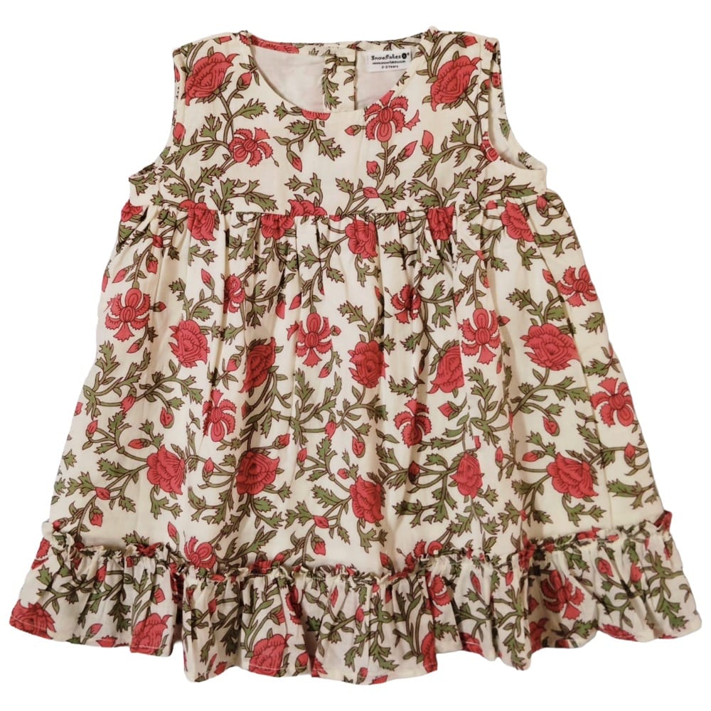 Snowflakes Girls Sleeveless Frock With Flower Print - Cream