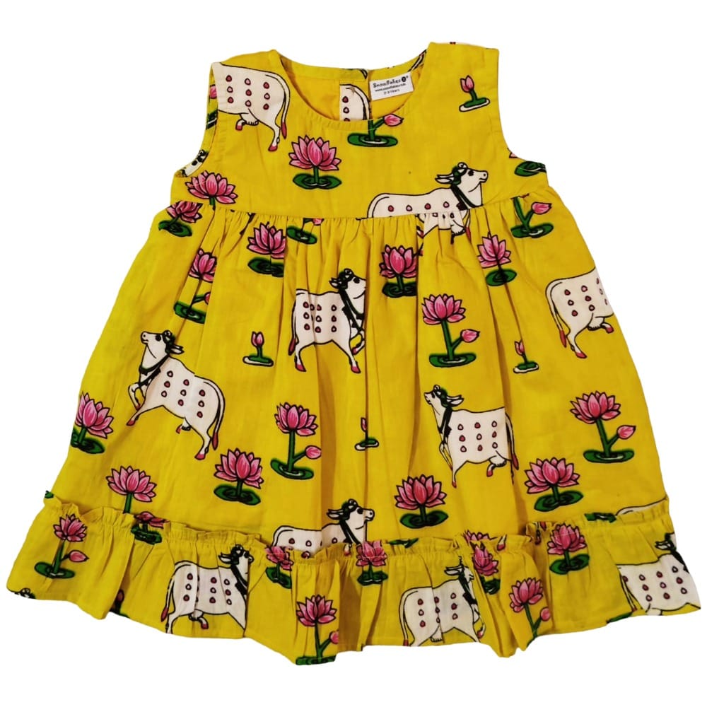 Snowflakes Girls Sleeveless Frock With Cow Print - Yellow