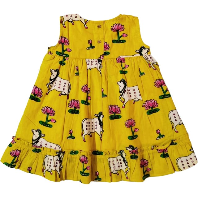 Snowflakes Girls Sleeveless Frock With Cow Print - Yellow Snowflakes Girls Sleeveless Frock With Cow Print - Yellow
