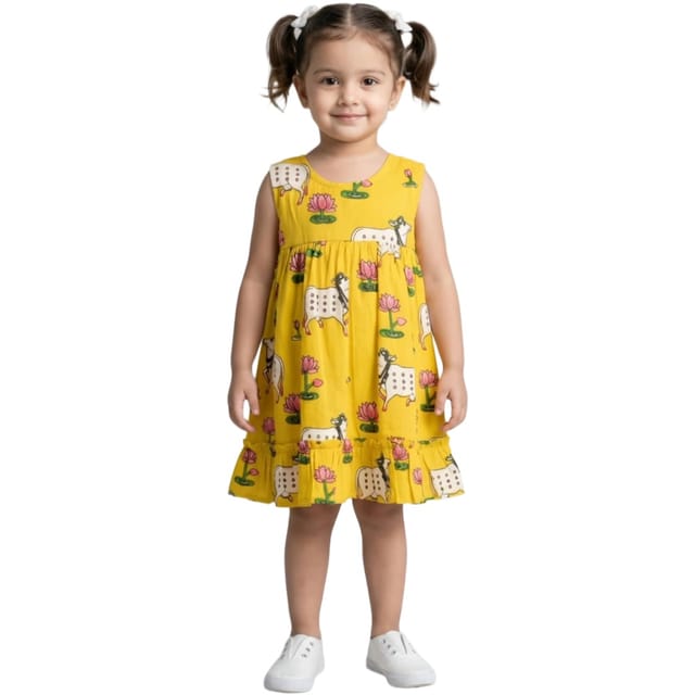 Snowflakes Girls Sleeveless Frock With Cow Print - Yellow