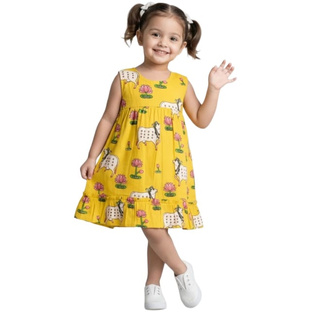 Snowflakes Girls Sleeveless Frock With Cow Print - Yellow