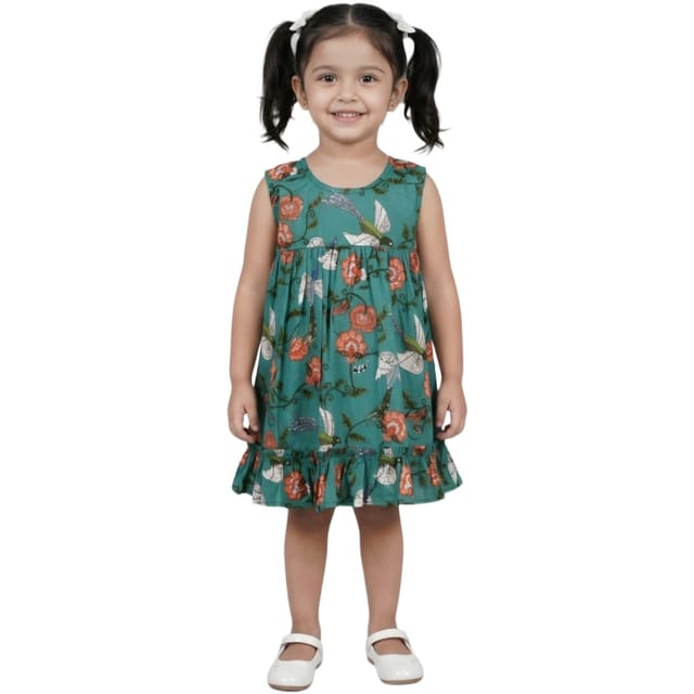 Snowflakes Girls Sleeveless Frock With Cow Print - Green