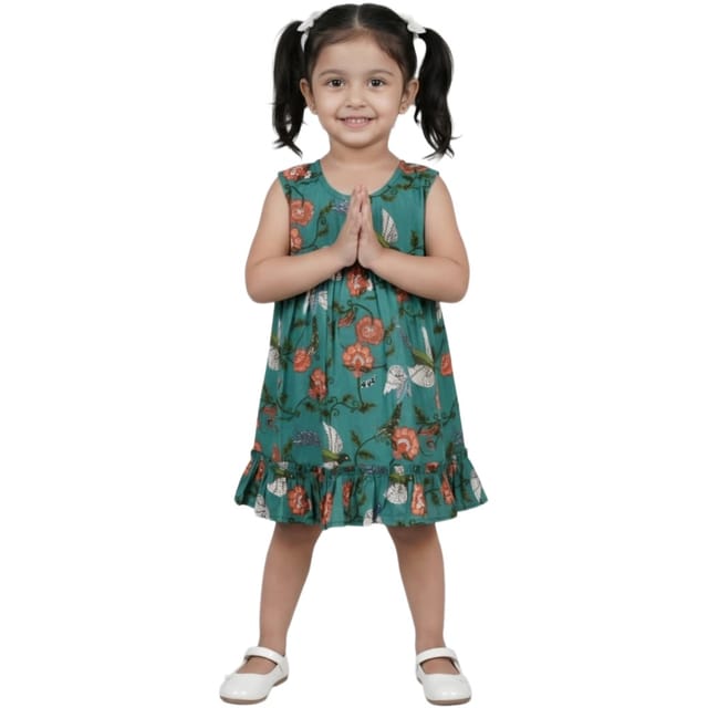 Snowflakes Girls Sleeveless Frock With Cow Print - Green