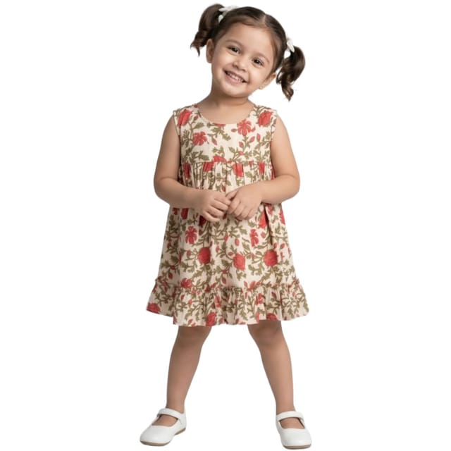 Snowflakes Girls Sleeveless Frock With Flower Print - Cream
