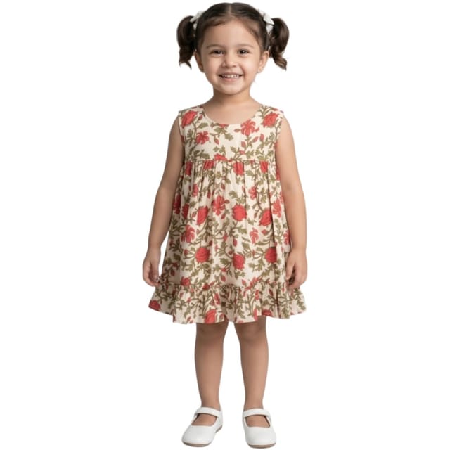 Snowflakes Girls Sleeveless Frock With Flower Print - Cream