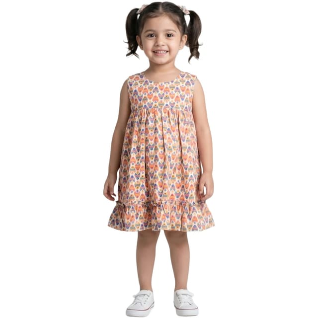 Snowflakes Girls Sleeveless Frock With Fish Print - Cream