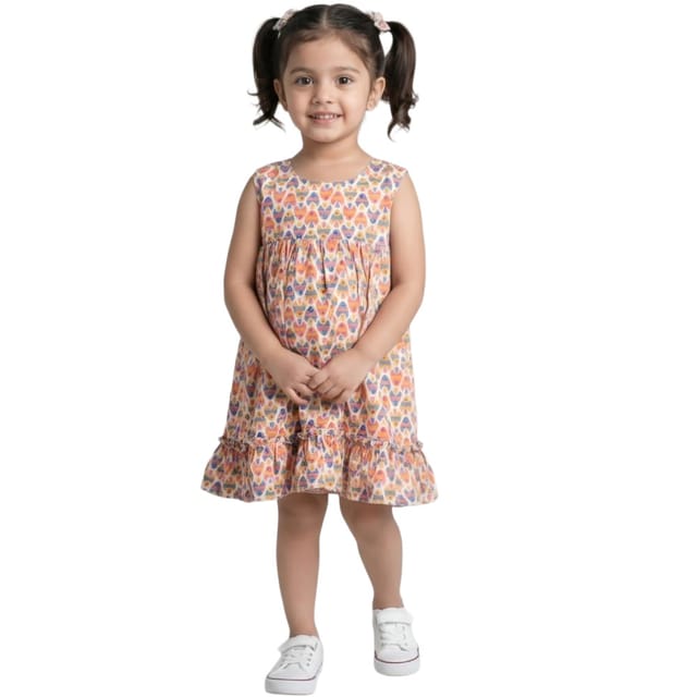Snowflakes Girls Sleeveless Frock With Fish Print - Cream