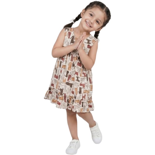 Snowflakes Girls Sleeveless Frock With Cat Print - White