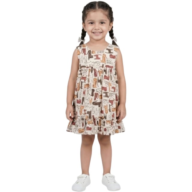Snowflakes Girls Sleeveless Frock With Cat Print - White