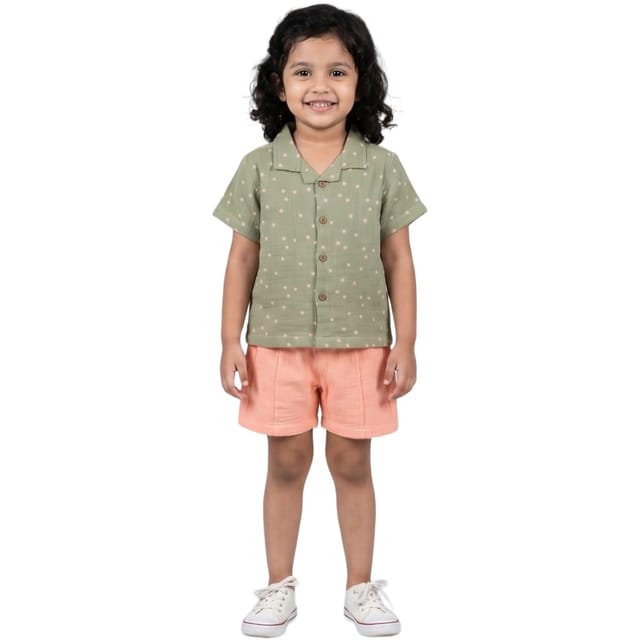 Snowflakes Unisex Cotton, Double Muslin Co-Ord Set - Green And Peach