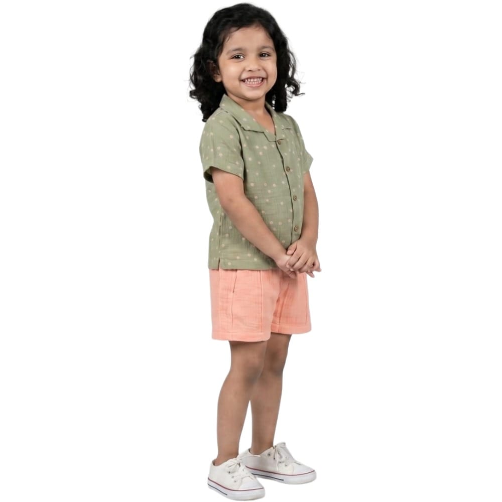 Snowflakes Unisex Cotton, Double Muslin Co-Ord Set - Green And Peach
