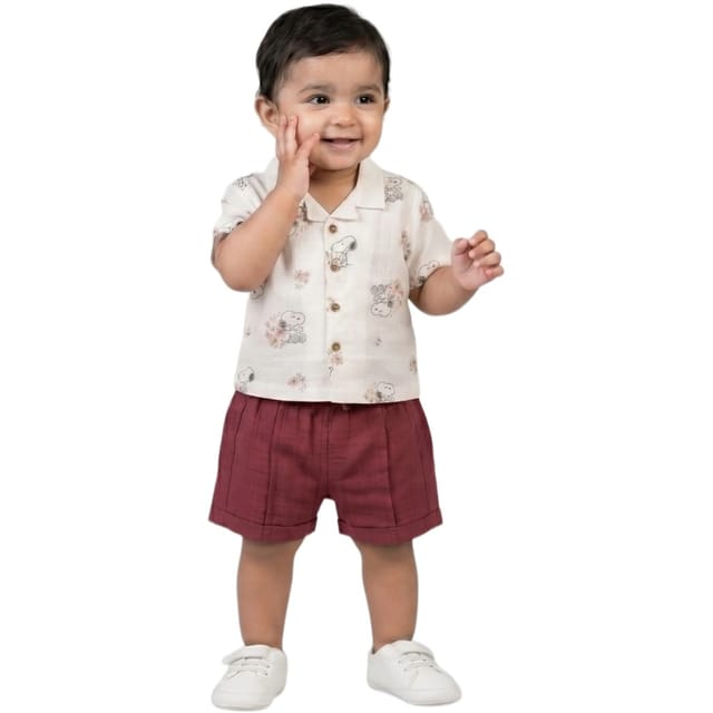 Snowflakes Unisex Cotton, Double Muslin Co-Ord Set - White And Red