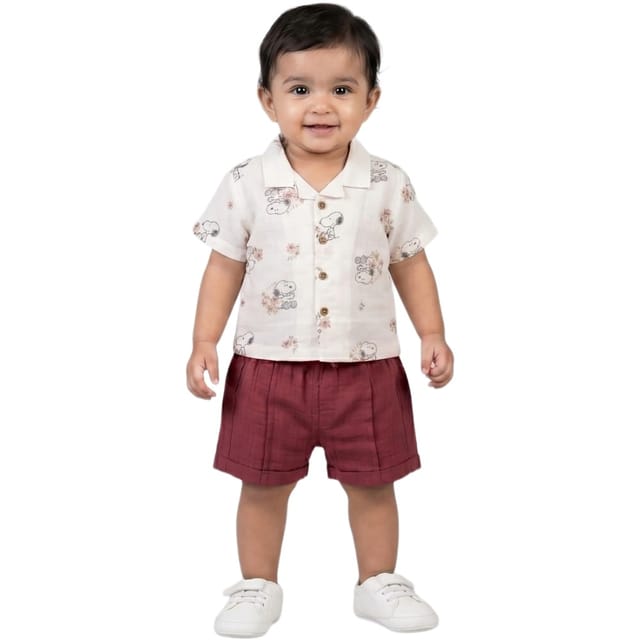 Snowflakes Unisex Cotton, Double Muslin Co-Ord Set - White And Red