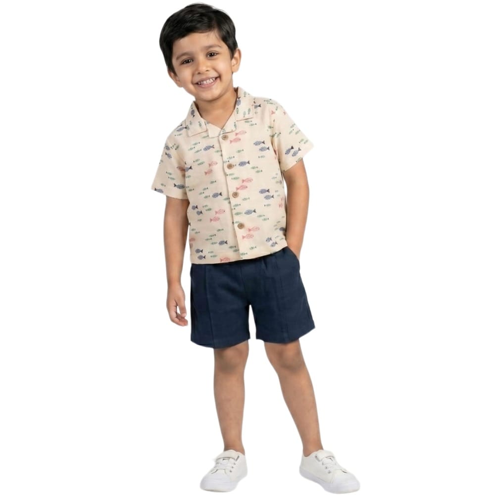 Snowflakes Unisex Cotton, Double Muslin Co-Ord Set - Cream And Blue