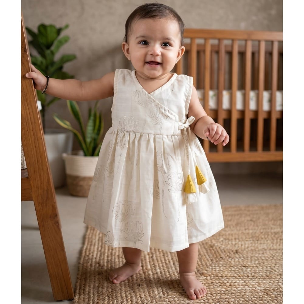 Snowflakes Girls Tying Style Frock - White