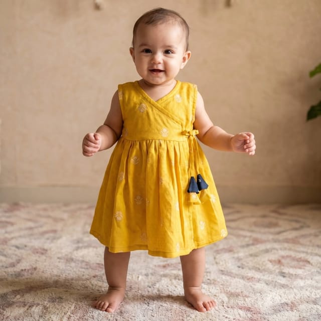 Snowflakes Girls Tying Style Frock - Yellow
