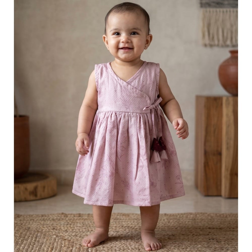 Snowflakes Girls Tying Style Frock - Pink