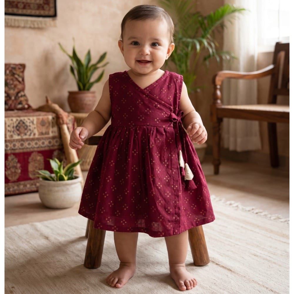 Snowflakes Girls Tying Style Frock - Red