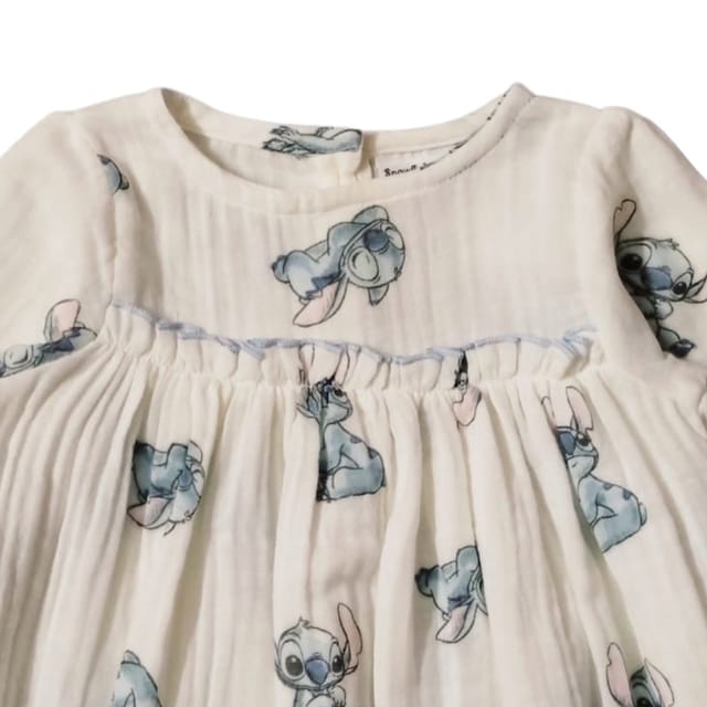 Snowflakes Cotton Bell Sleeved Dress With Stitch Prints - White