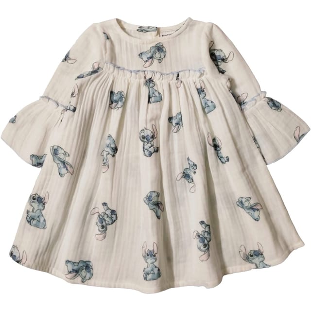 Snowflakes Cotton Bell Sleeved Dress With Stitch Prints - White