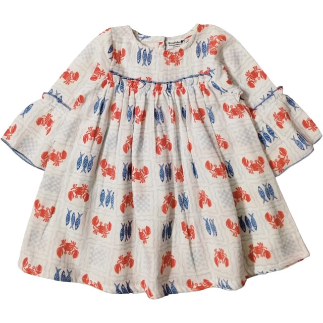 Snowflakes Cotton Bell Sleeved Dress With Fish And Crab Prints - White