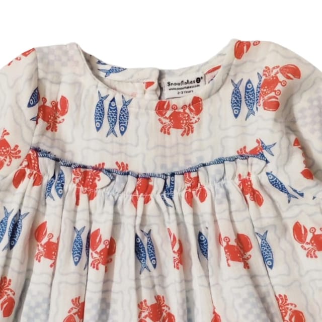 Snowflakes Cotton Bell Sleeved Dress With Fish And Crab Prints - White